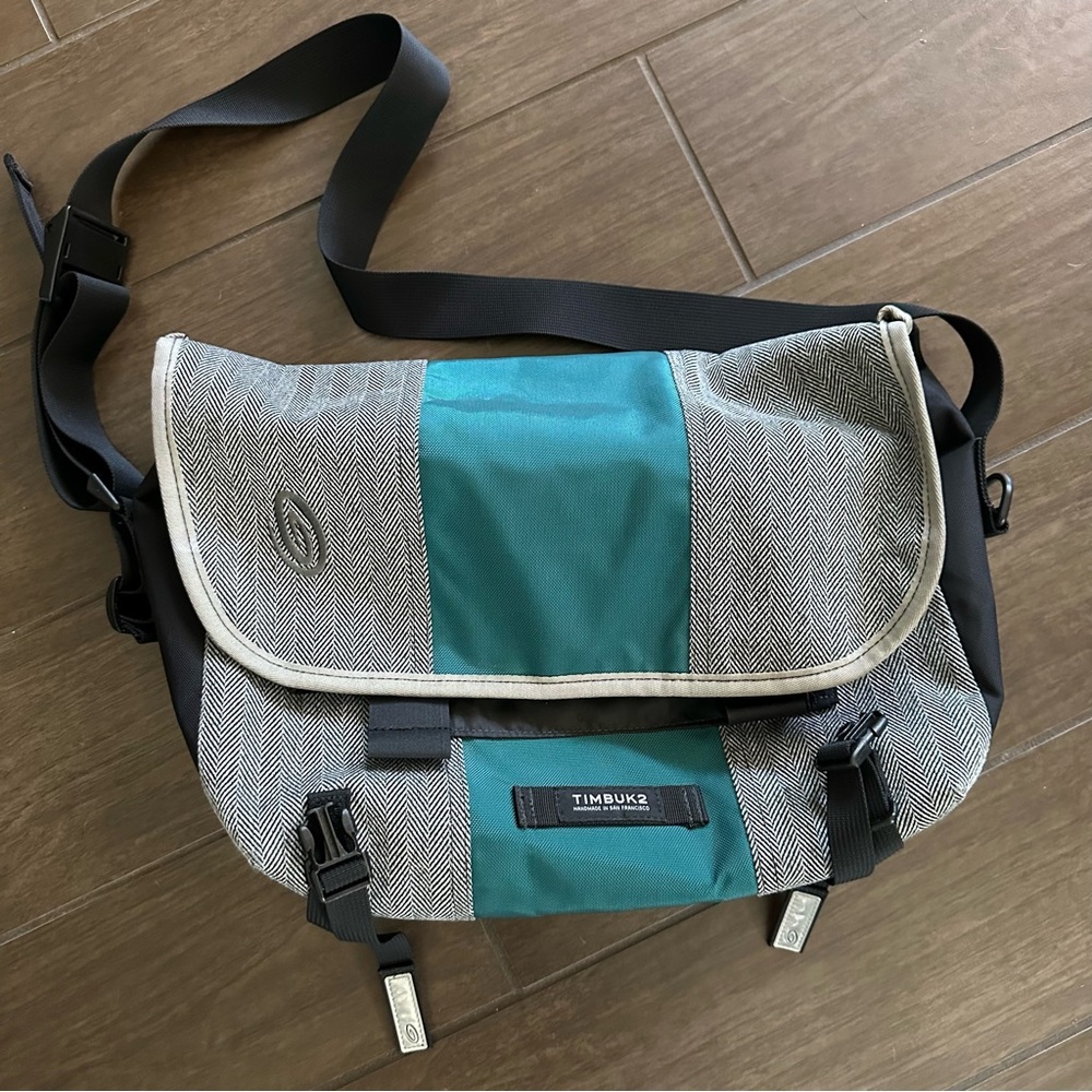 Timbuk2 Custom Gray Herringbone and Teal Messenger Bag with Adjustable Strap